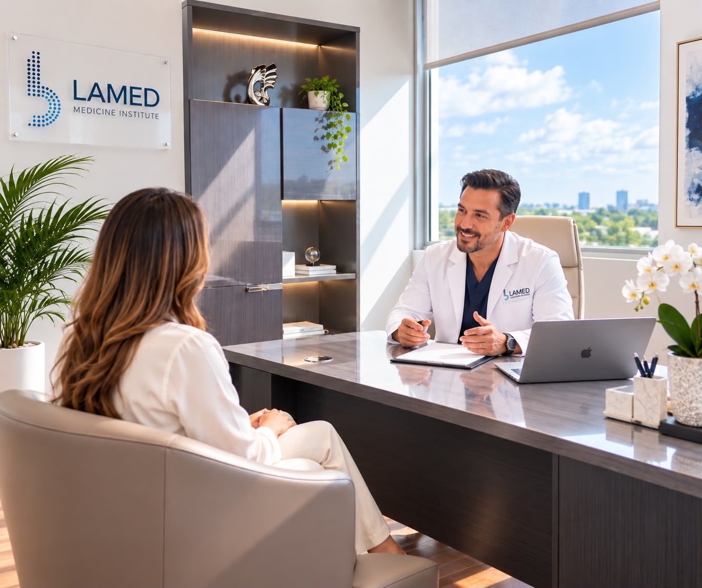 Médico de LAMED conversando con una paciente durante una consulta personalizada