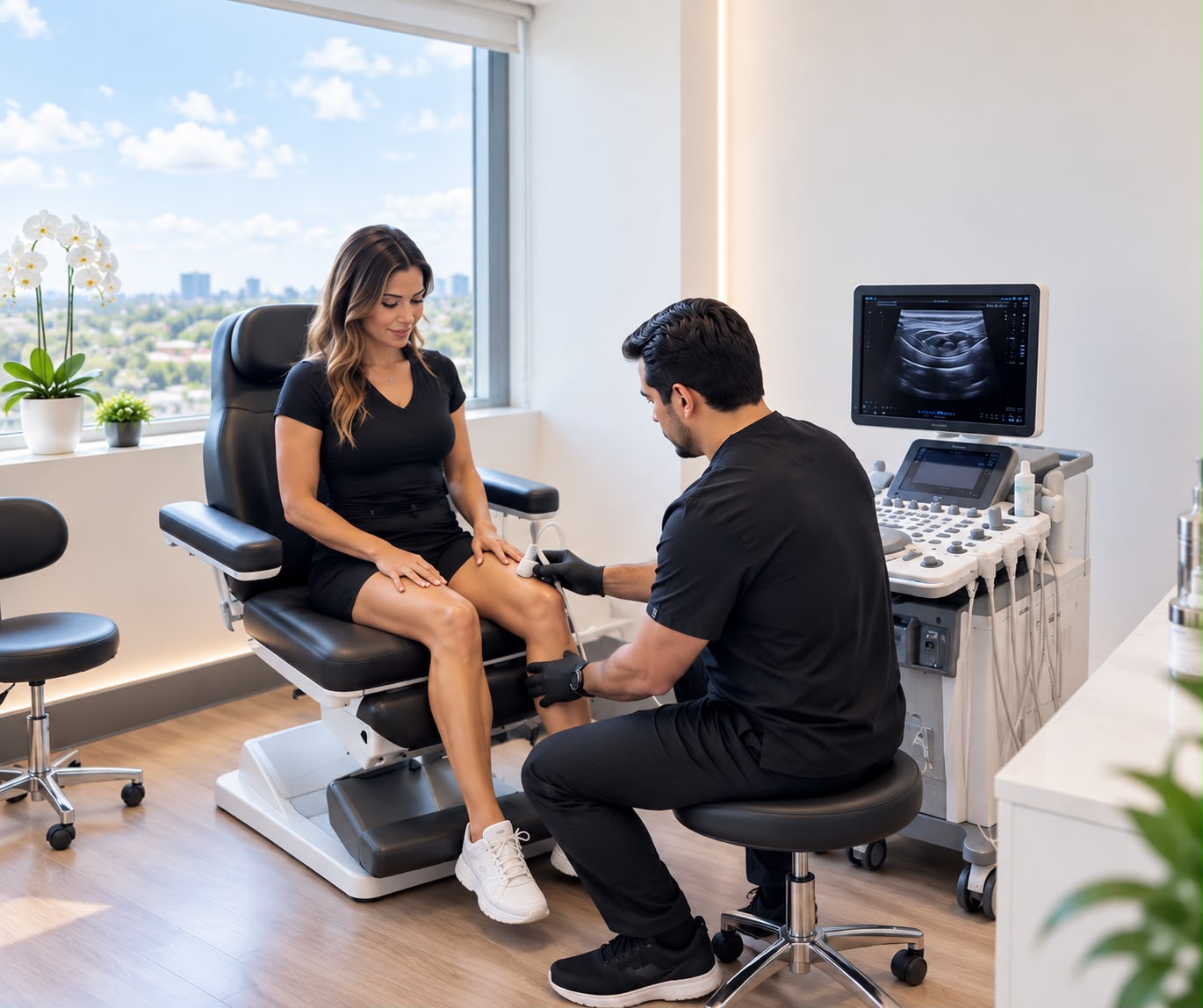 Profesional de LAMED realizando una evaluación musculoesquelética con ultrasonido