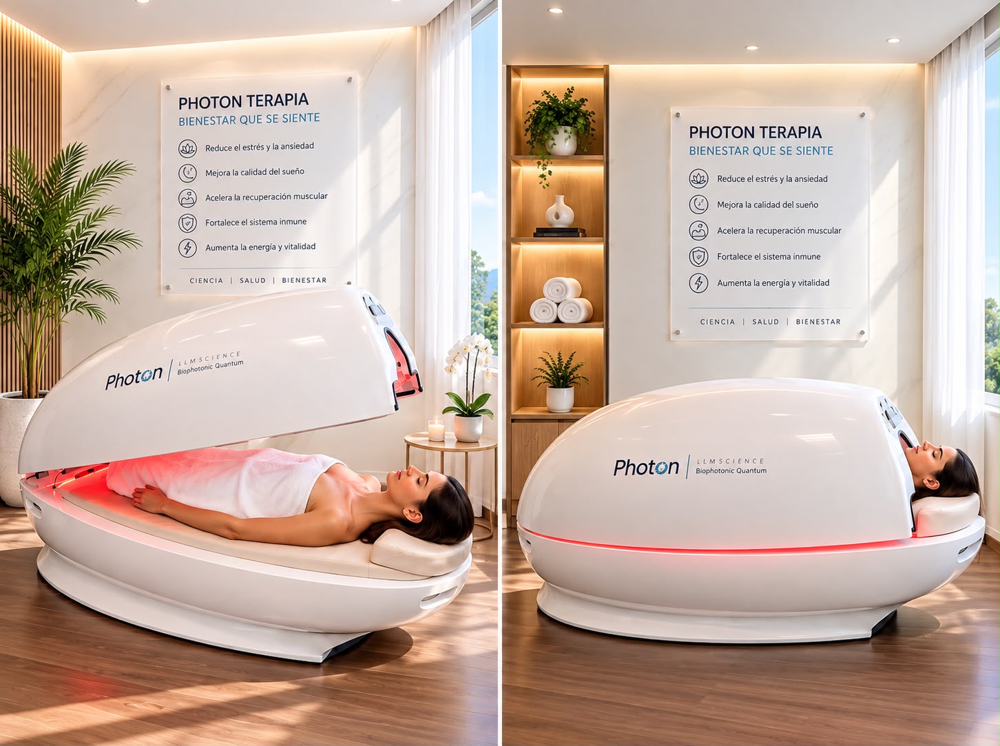 Equipo Photon de LAMED mostrado en posición abierta y cerrada durante una sesión de terapia
