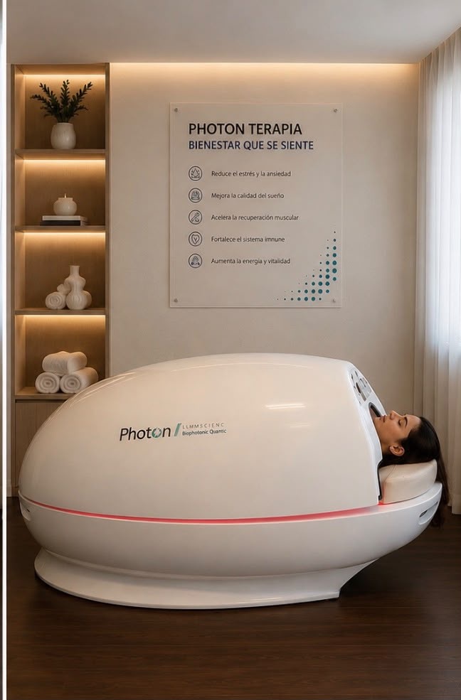 Paciente recibiendo terapia Photon en cápsula de luz cerrada en LAMED